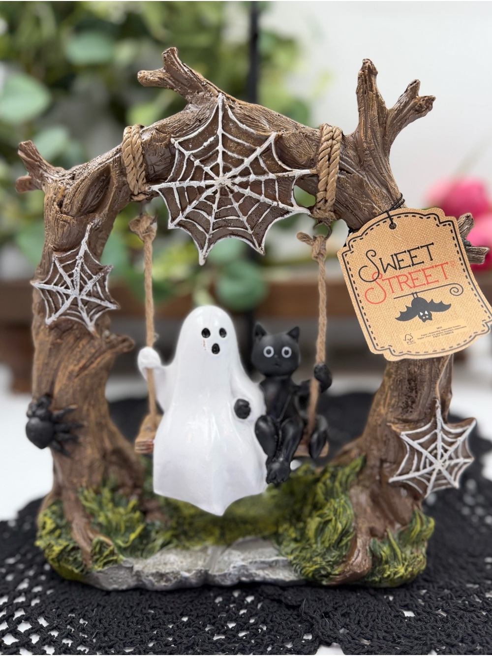 sweet street ghost & black cat on swing tree halloween figurine new 2026